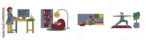 Flat Vector Lifestyle and Productivity Character Element Kit for Modern Work-Life Balance Concepts