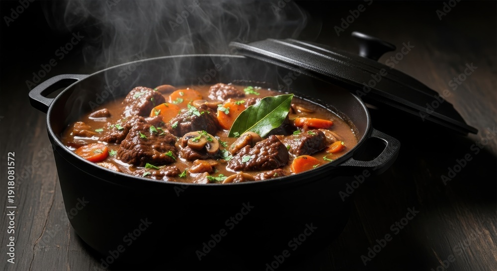 Fototapeta premium Hearty steaming beef stew with tender meat carrots mushrooms and bay leaves in a black pot on a wooden table