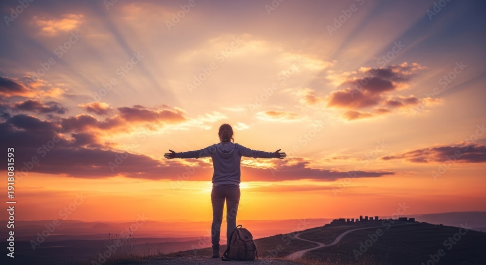 Fototapeta premium A woman standing on a mountain top with her arms outstretched, enjoying the sunset.