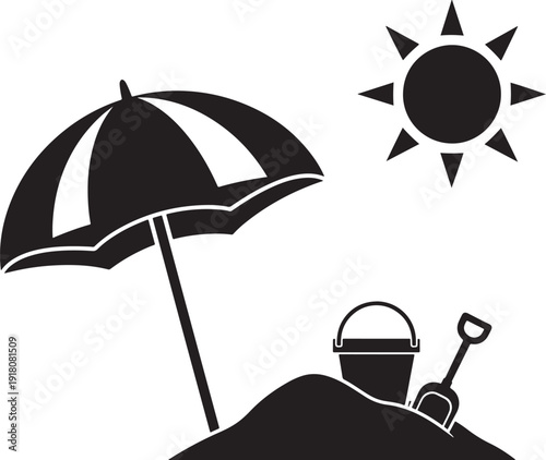 Beach set silhouette with umbrella in summer time