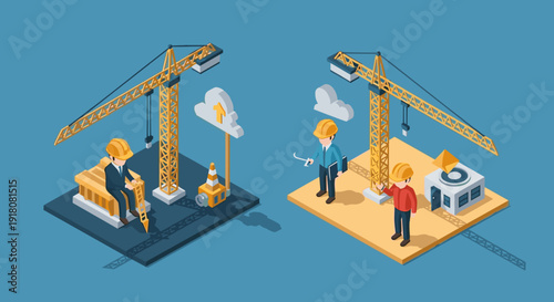 Construction Workers Inspecting Crane Equipment.