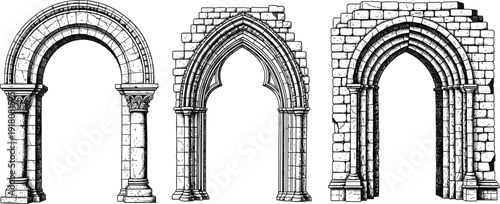 Ancient Stone Archway Vector Set with Gothic Doors, Romanesque Portals, and Ruined Medieval Architecture Elements