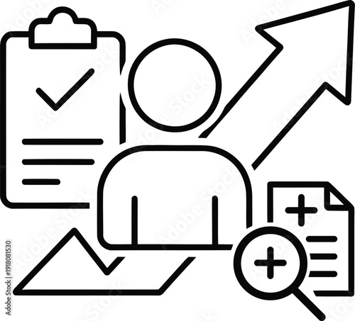 Business growth and management with arrows and documents d
