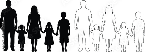 Two families standing together holding hands in a line