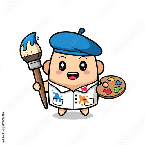 Cute Cartoon Artist Character with Paintbrush and Palette