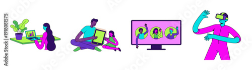 Flat Vector Remote Lifestyle Illustration Asset Sheet for Digital Communication and Virtual Reality Concepts