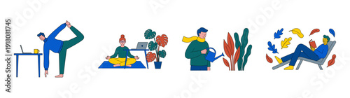 Flat Vector Personal Wellness and Mental Health Illustration Set for Workplace Balance and Mindfulness Apps