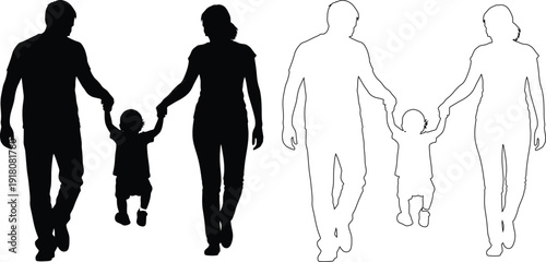 Illustration of two families holding hands walking together in silhouette form.