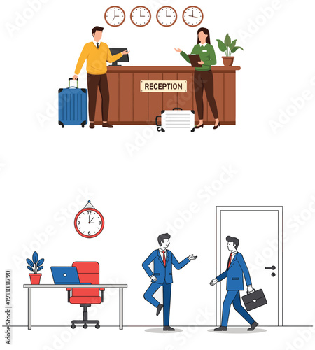 Hotel Reception Desk with Guest and Receptionist Illustration for Check In Customer Service and Hospitality Concept