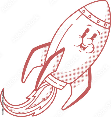 Vintage cartoon rocket ship launching with halftone shading details.