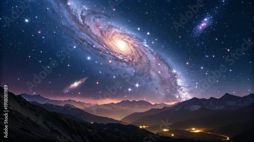 Cinematic Over Mountains with City Lights, Cosmic Nebula and Stars, Stock Footage