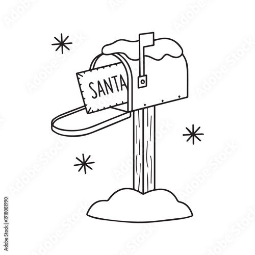 Christmas mailbox with letter to Santa. Winter post box with snow line art. Vector illustration for coloring book.

