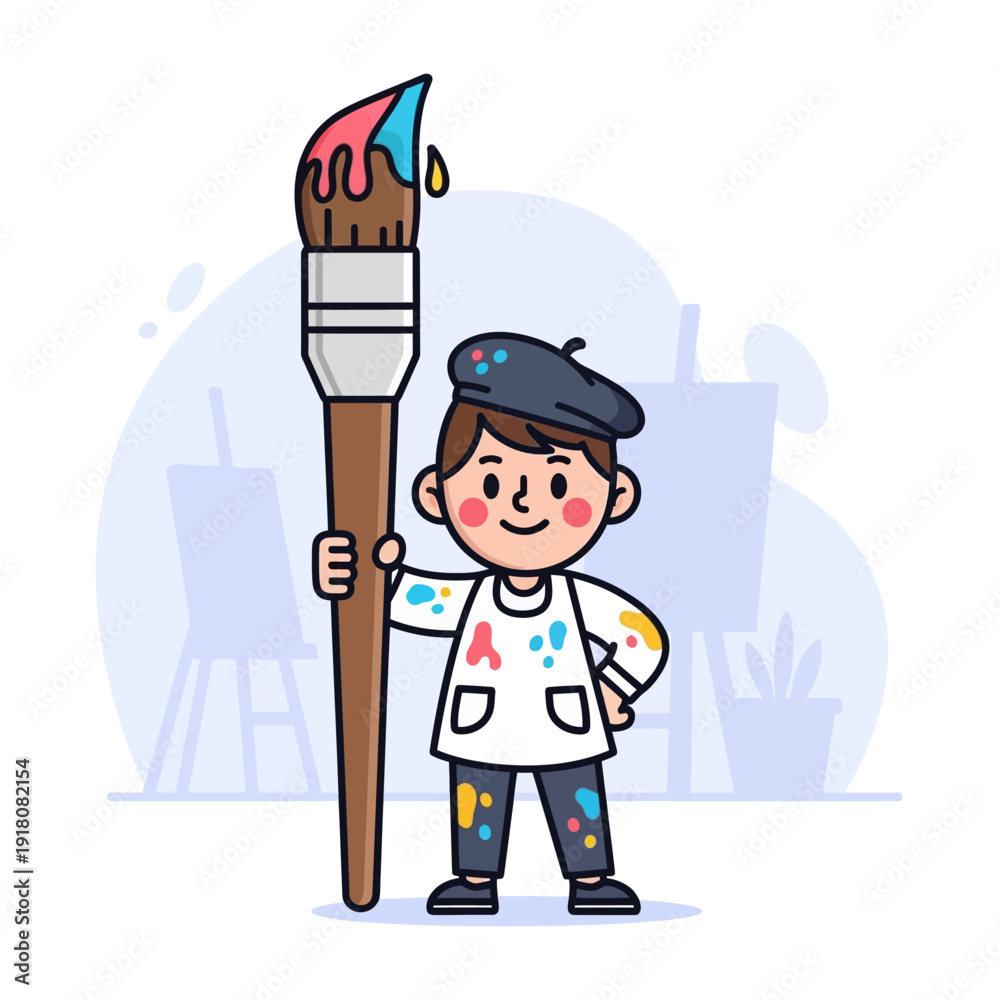 Obraz premium Cute Cartoon Artist Boy Holding Large Paintbrush, Studio Background