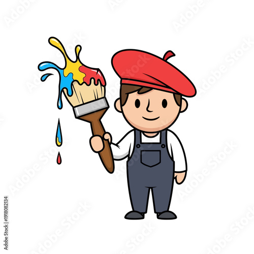 Cartoon Artist Character Holding Paintbrush with Splashing Colors