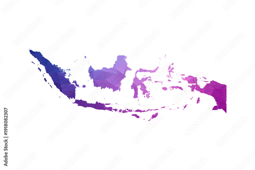 Obraz premium Indonesia Map - Polygon Style Vector Illustration in Blue and Purple Gradient, Low Poly Geometric Design, Isolated on White Background, Ideal for Infographics and Learning Materials.