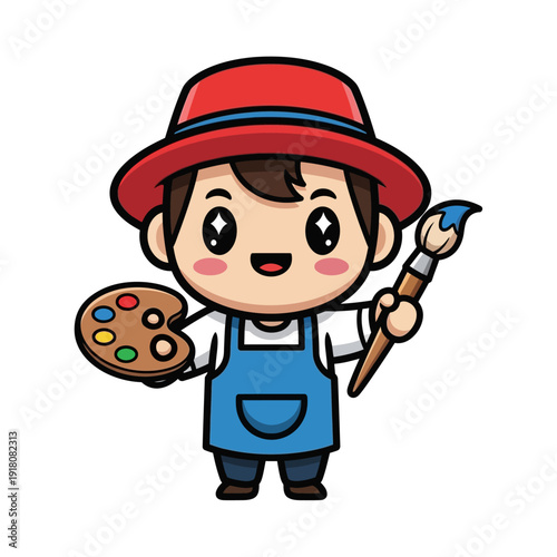 Cute Cartoon Artist Character Holding Paint Palette and Brush