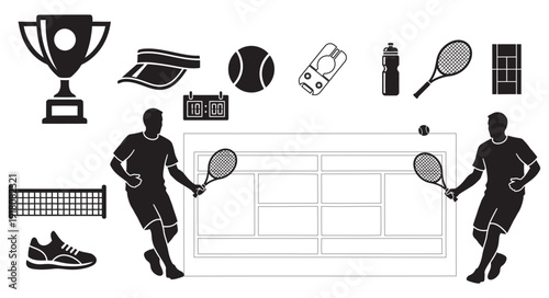 Tennis sport equipment and players silhouette
