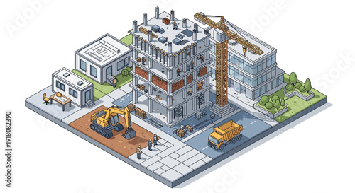 Industrial Facility with Machinery and Vehicles.