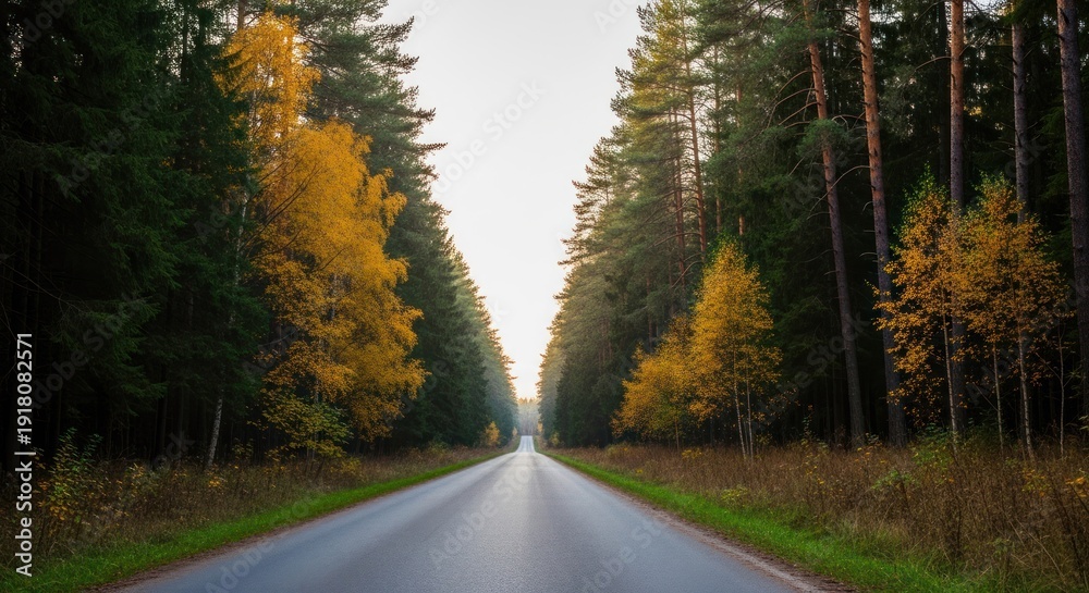 Obraz premium A road through a forest with autumn trees, yellow leaves, and a clear sky.