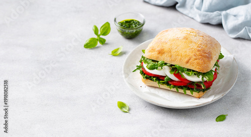 A taste of Italy. Fresh mozzarella and tomato ciabatta sandwich with arugula and pesto. Grey background. Copy space. Close up.