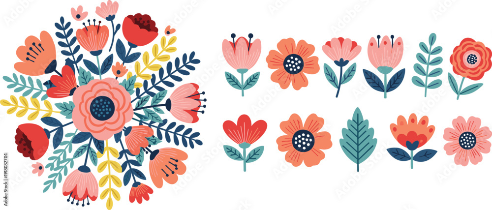 Obraz premium Colorful Folk Art Floral Vector Set with Scandinavian Style Flowers and Botanical Elements