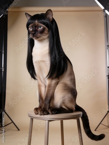 Stylish Siamese Cat Wearing Long Black Hair Wig In Studio Portrait