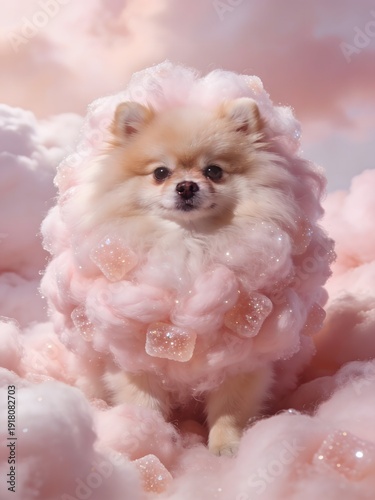 Fluffy Pomeranian In Soft Pink Cloud Fantasy Portrait