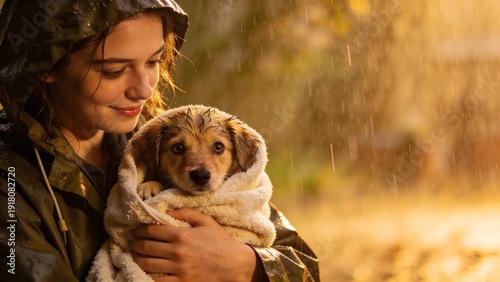 Woman Holding Small Puppy Wrapped In Blanket In Warm Rain Light
