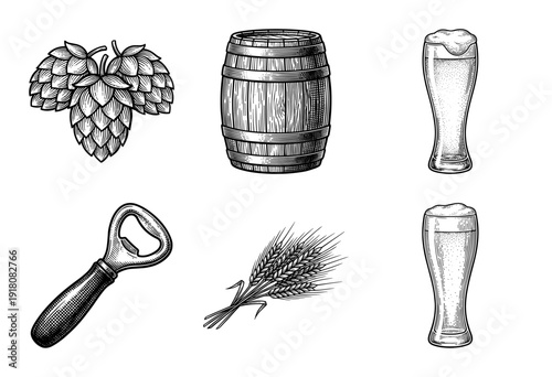Set of brewery and craft beer themed woodcut illustrations featuring hops, barley, a wooden barrel, bottle opener, and pilsner glasses.
