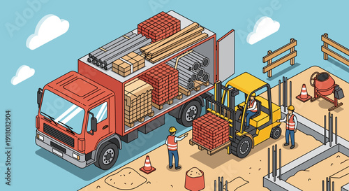 Warehouse Workers Unloading Truck with Forklift.