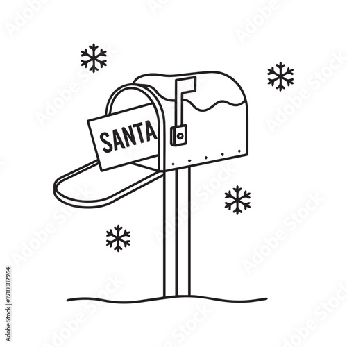 Christmas mailbox with letter to Santa. Winter post box with snow line art. Vector illustration for coloring book.
