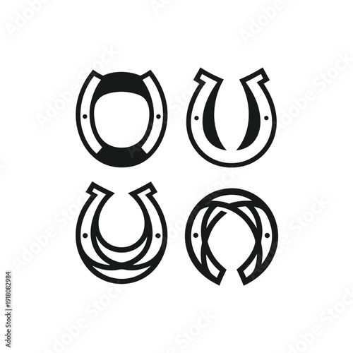 Four Different Black and White Horse Shoe on White Background horseshoes outline