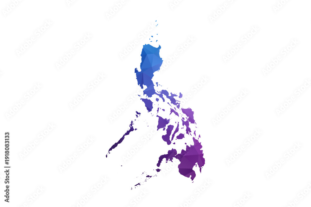 Fototapeta premium Philippines Map - Polygon Style Vector Illustration in Blue and Purple Gradient, Low Poly Geometric Design, Isolated on White Background, Ideal for Infographics and Learning Materials.
