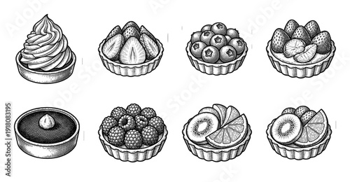 Set of eight hand drawn vintage engraving style fruit tarts and dessert pastries featuring strawberries blueberries raspberries kiwi and citrus slices.
