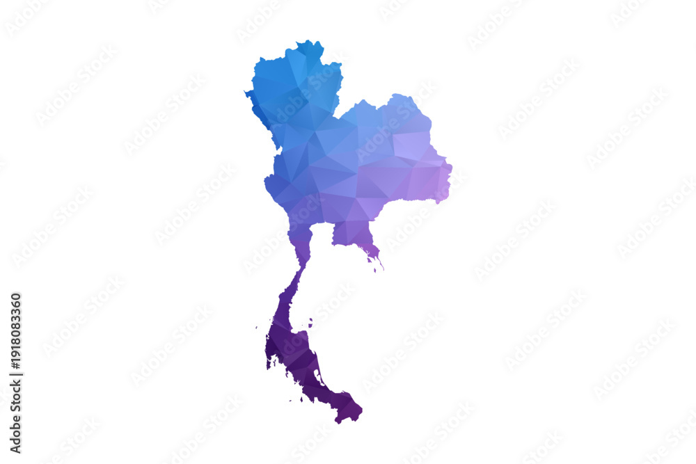 Obraz premium Thailand Map - Polygon Style Vector Illustration in Blue and Purple Gradient, Low Poly Geometric Design, Isolated on White Background, Ideal for Infographics and Learning Materials.