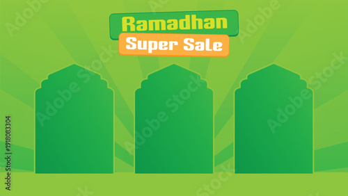 Ramadhan sale podium background with Islamic mosque silhouettes, green color theme, and clean minimalist composition for promotion, banner, and marketing design.