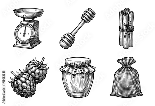 Vintage engraving style collection of kitchen and pantry elements featuring a scale, honey dipper, cinnamon sticks, raspberries, jam jar, and burlap sack.
