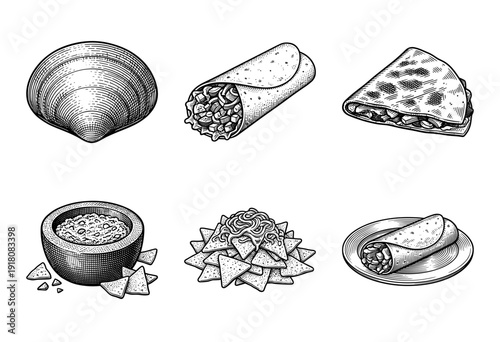 Vintage woodcut style collection of Mexican food illustrations including burritos quesadillas nachos and guacamole in a rustic engraved black and white aesthetic