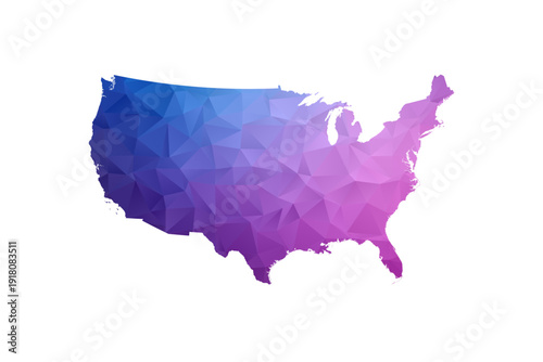 United State of America Map - Polygon Style Vector Illustration in Blue and Purple Gradient, Low Poly Geometric Design, Isolated on White Background, Ideal for Infographics and Learning Materials.