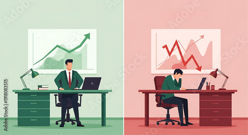 Corporate Performance Visualization Showing Financial Growth and Business Decline Scenarios