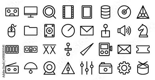 Multimedia and technology line icon set. Vector pictograms of camera, monitor, cassette, folder, database, mail, speaker, chess, gear, and radio, thick outline illustration.