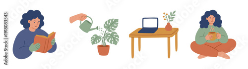 Flat Vector Cozy Lifestyle and Wellness Hobby Element Kit for Work From Home and Mental Health Themes