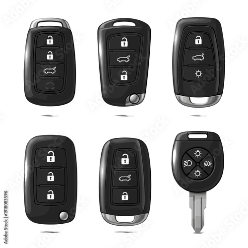 Set of modern black electronic car remotes