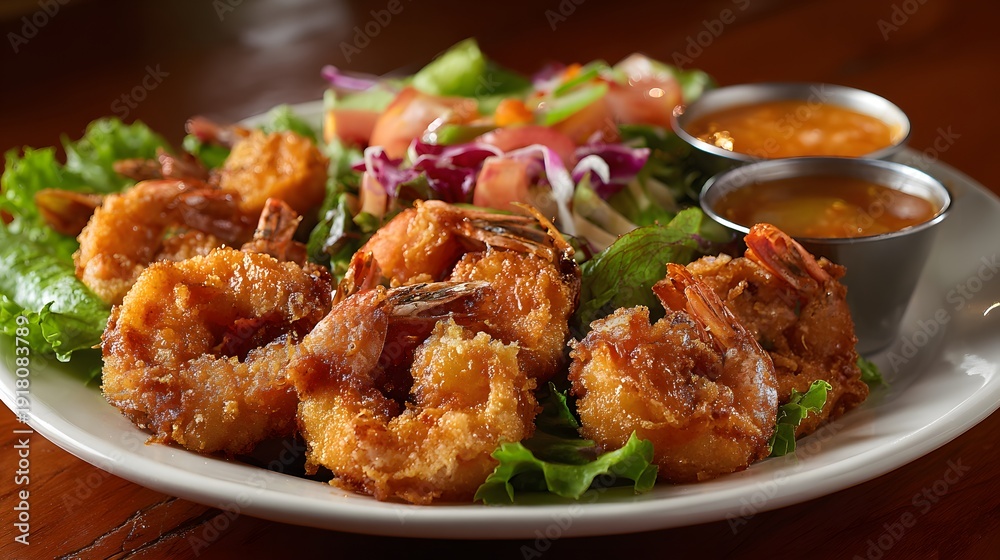 Fototapeta premium Delicious crispy fried shrimp served with fresh green salad and dipping sauces on a white plate.