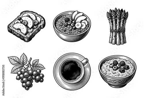 Vintage engraving style breakfast and healthy food collection featuring oatmeal bowls, fruit toast, asparagus, blackcurrants, and coffee cup.