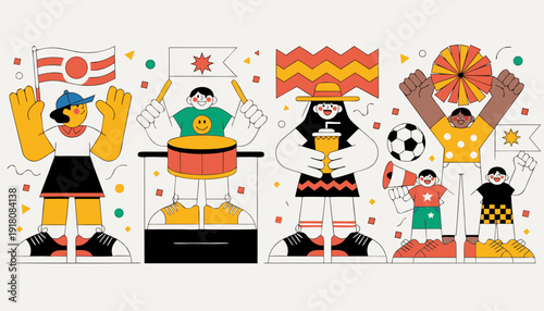 Vibrant cartoon people celebrate with flags drums soccer ball and festive accessories in colorful illustration