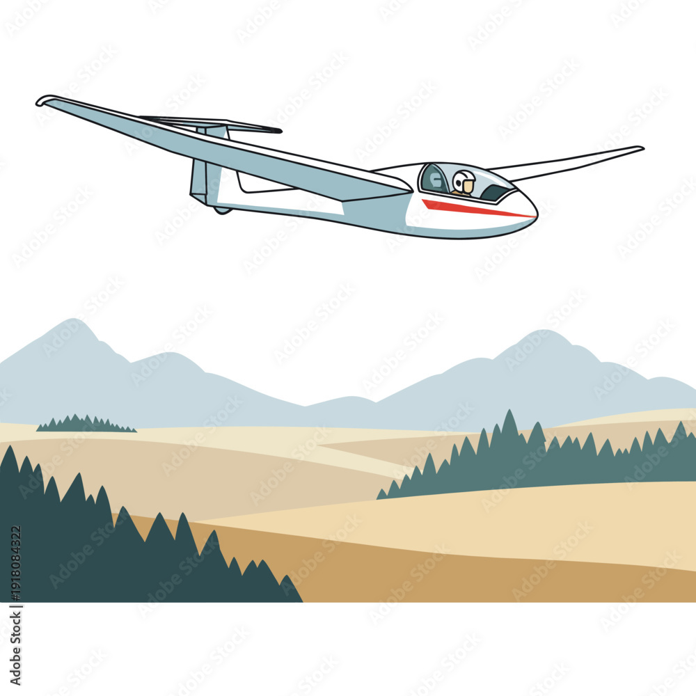 Fototapeta premium Pixel Art Glider Plane Flying Over Scenic Landscape With Mountains And Trees