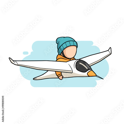 Child In Teal Beanie And Orange Hoodie Rides A White Glider Airplane