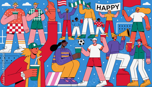 Vibrant cartoon diverse people celebrating happy moments together outdoors