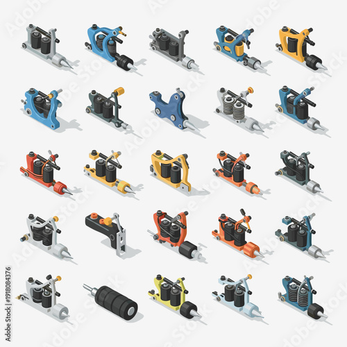 Isometric 3D views of various tattoo machines